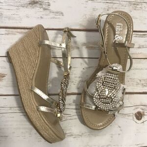 Fibi & Clo New York Wedge Heel Gold Sandals Size 8